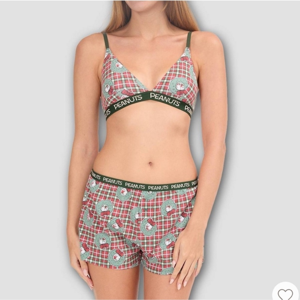 Peanuts Snoopy Holiday Pajama Set Plaid Bralette & Shorts Cozy‎ Lounge Sleepwear